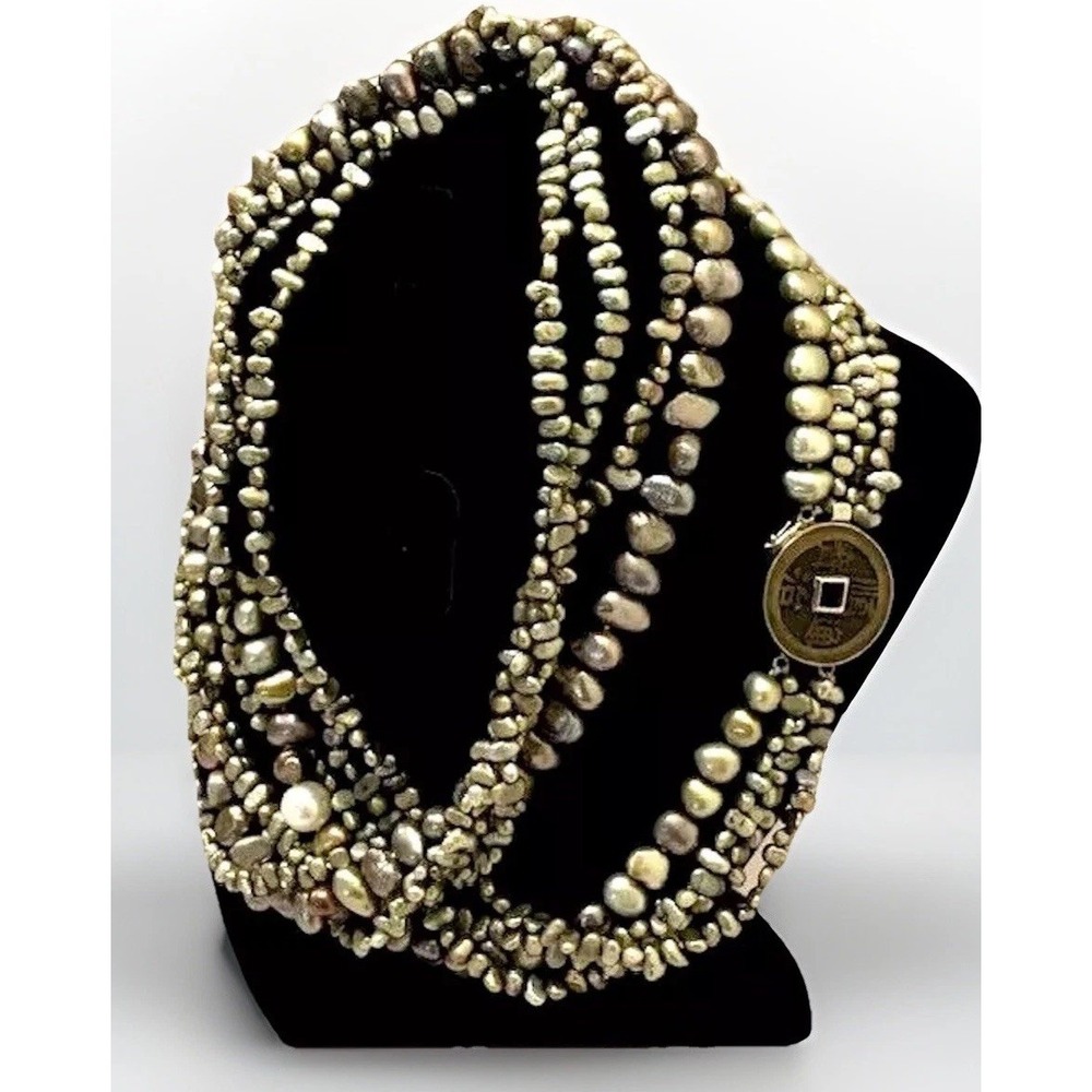 VTG Multi Strand Pearl Necklace Chunky Statement Asian Sterling Silver Coin MCM